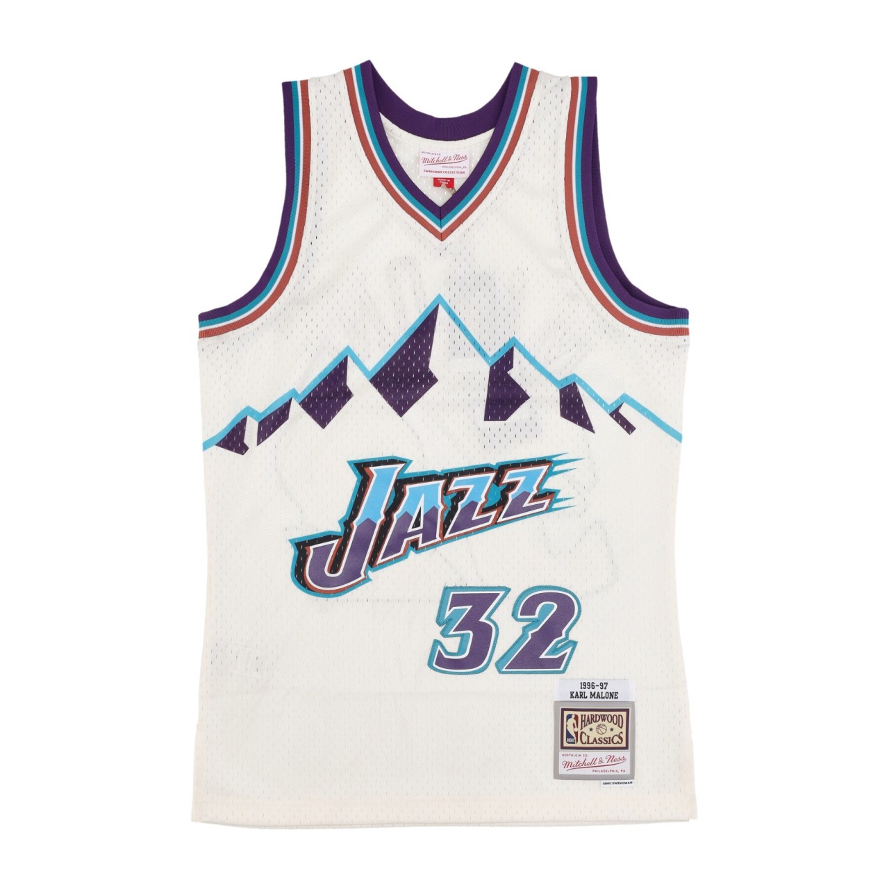 MITCHELL & NESS NBA OFF WHITE TEAM COLOR SWINGMAN JERSEY HARDWOOD CLASSICS 1996 NO 32 KARL MALONE UTAJAZ TFSM5052-UJA96KMAOFWH