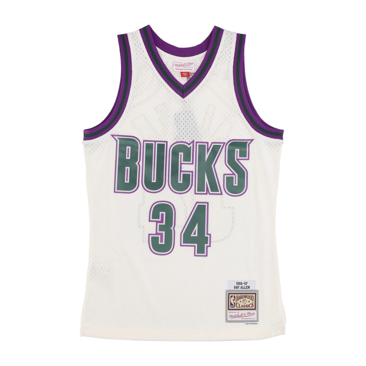 MITCHELL & NESS NBA OFF WHITE TEAM COLOR SWINGMAN JERSEY HARDWOOD CLASSICS 1996 NO 34 RAY ALLEN MILBUC TFSM5052-MBU96RALOFWH