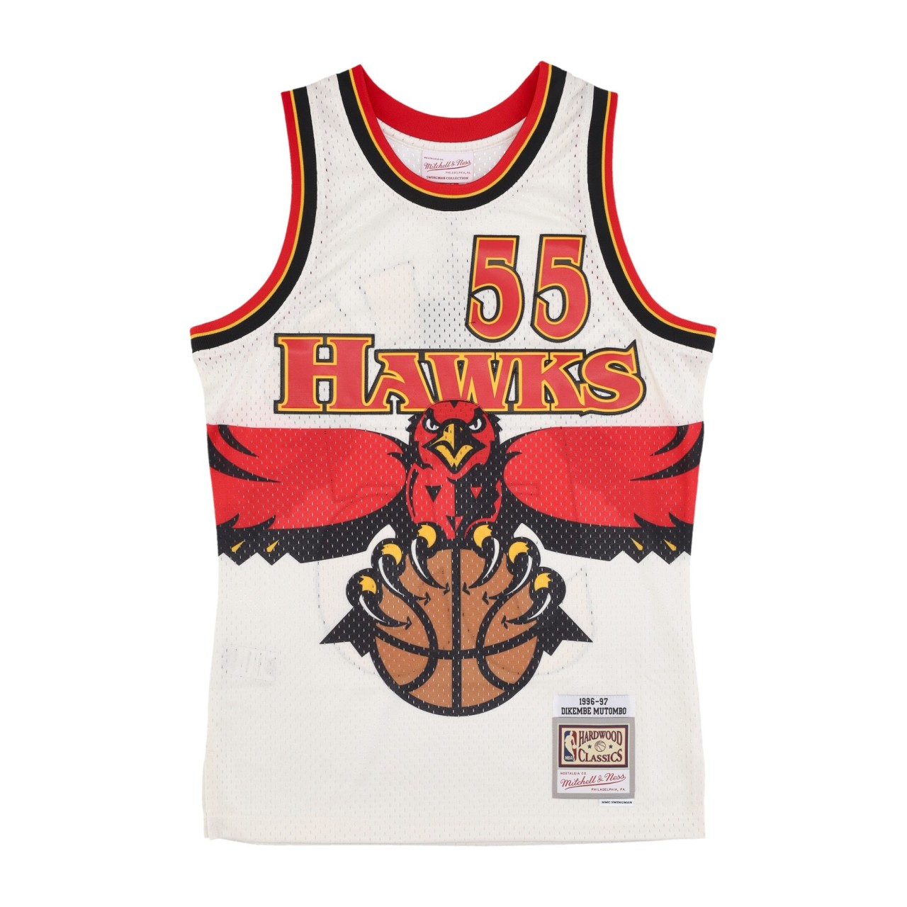 MITCHELL & NESS NBA OFF WHITE TEAM COLOR SWINGMAN JERSEY HARDWOOD CLASSICS 1996 NO 55 DIKEMBE MUTOMBO ATLHAW TFSM5052-AHA96DMOOFWH