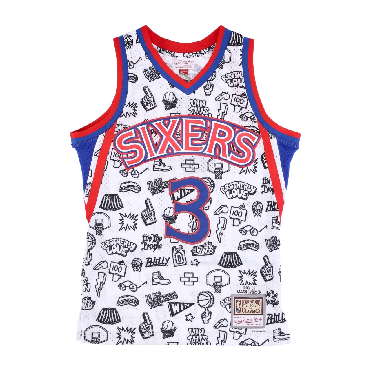 MITCHELL & NESS NBA DOODLE SWINGMAN JERSEY HARDWOOD CLASSICS NO 3 ALLEN IVERSON 1996-97 PHI76E TFSM1266-P7696AIVPTWH