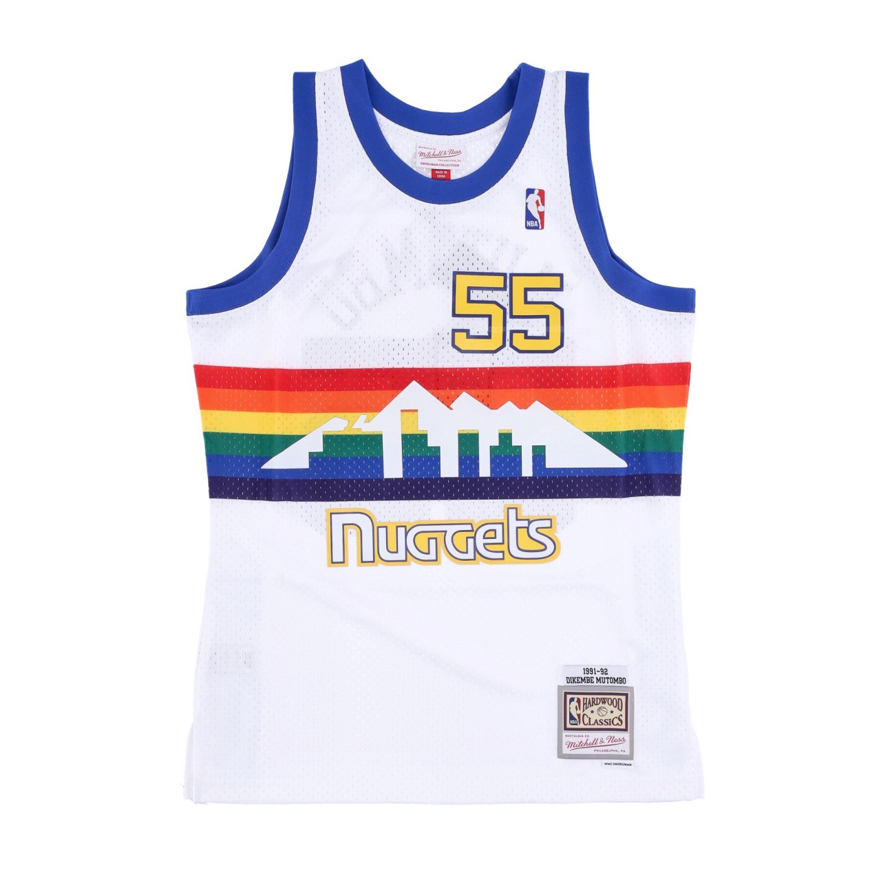 MITCHELL & NESS NBA SWINGMAN JERSEY HARDWOOD CLASSICS NO 55 DIKEMBE MUTOMBO 1991-92 DENNUG SMJYAC18083-DNUWHIT91DMO